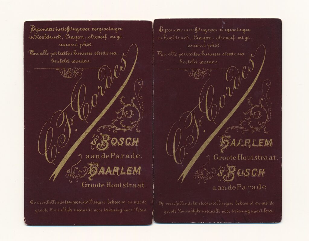 Bekijk de foto's 2 van C.F. Cordes: Dubbele carte de visite, ‘s-Hertogenbosch/Haarlem ca. 1883